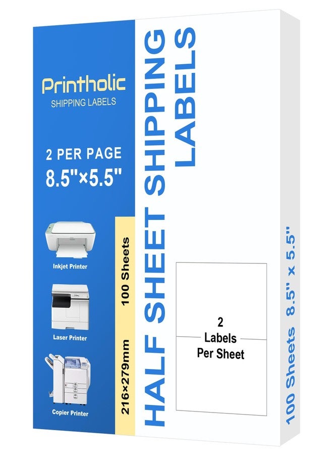 Printholic 200 Half Sheet Self Adhesive Shipping Labels 8.5" x 5.5" Compatible with for Laser & Inkjet Printers - 100 Sheets, 2 Labels Per Page - Image 1
