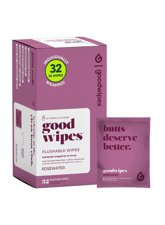 Goodwipes Flushable Wipes - Made with Vitamin E & Aloe - Soft, Individually Wrapped Butt & Feminine Cloths for On-the-Go & Travel Use - Largest Adult Toilet Towelettes - Rosewater, 1 pack, 32 count - Image 1