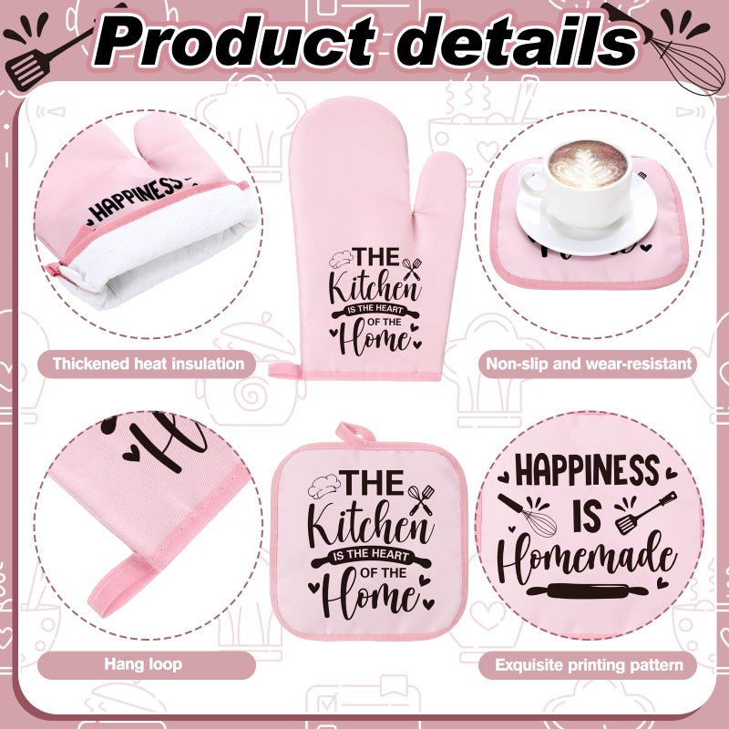 Fourluoo 10 Pcs Farmhouse Kitchen Decor and Accessories Set 4 Kitchen Towels 2 Pot Holders 2 Oven Mitts 2 Rugs for Cooking Baking Mom Housewarming Gifts(Pink,Classic Style) - Image 5