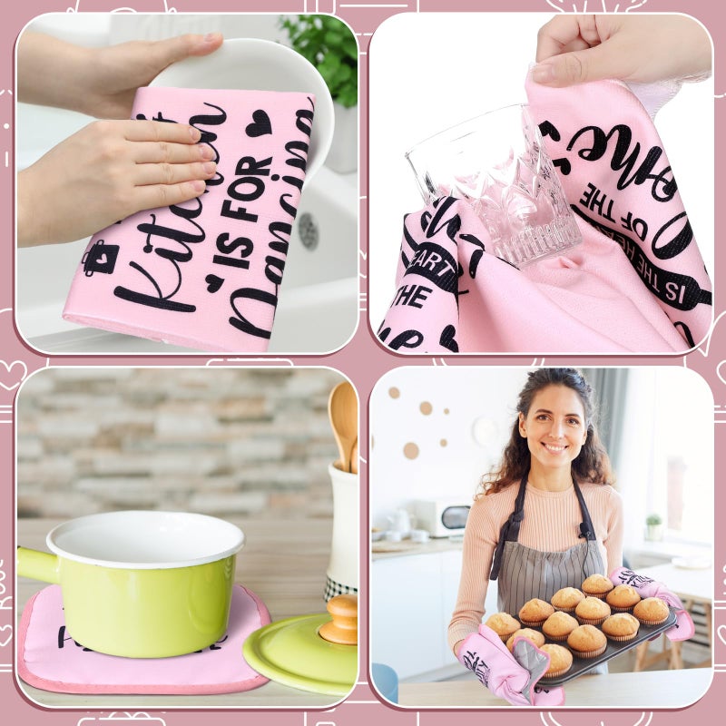Fourluoo 10 Pcs Farmhouse Kitchen Decor and Accessories Set 4 Kitchen Towels 2 Pot Holders 2 Oven Mitts 2 Rugs for Cooking Baking Mom Housewarming Gifts(Pink,Classic Style) - Image 4