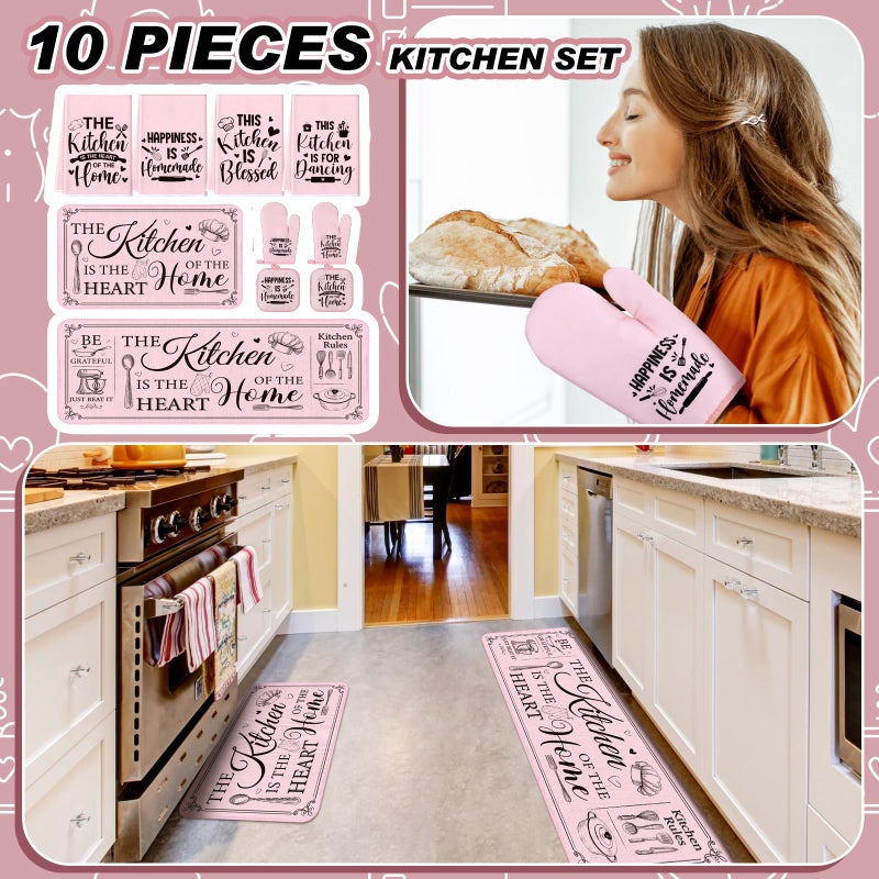 Fourluoo 10 Pcs Farmhouse Kitchen Decor and Accessories Set 4 Kitchen Towels 2 Pot Holders 2 Oven Mitts 2 Rugs for Cooking Baking Mom Housewarming Gifts(Pink,Classic Style) - Image 2