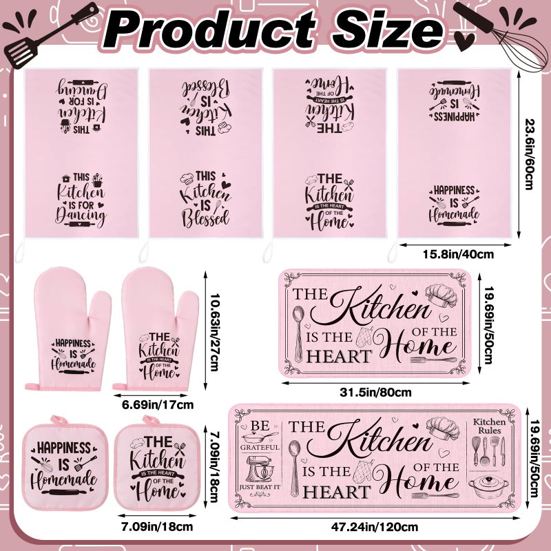 Fourluoo 10 Pcs Farmhouse Kitchen Decor and Accessories Set 4 Kitchen Towels 2 Pot Holders 2 Oven Mitts 2 Rugs for Cooking Baking Mom Housewarming Gifts(Pink,Classic Style) - Image 3