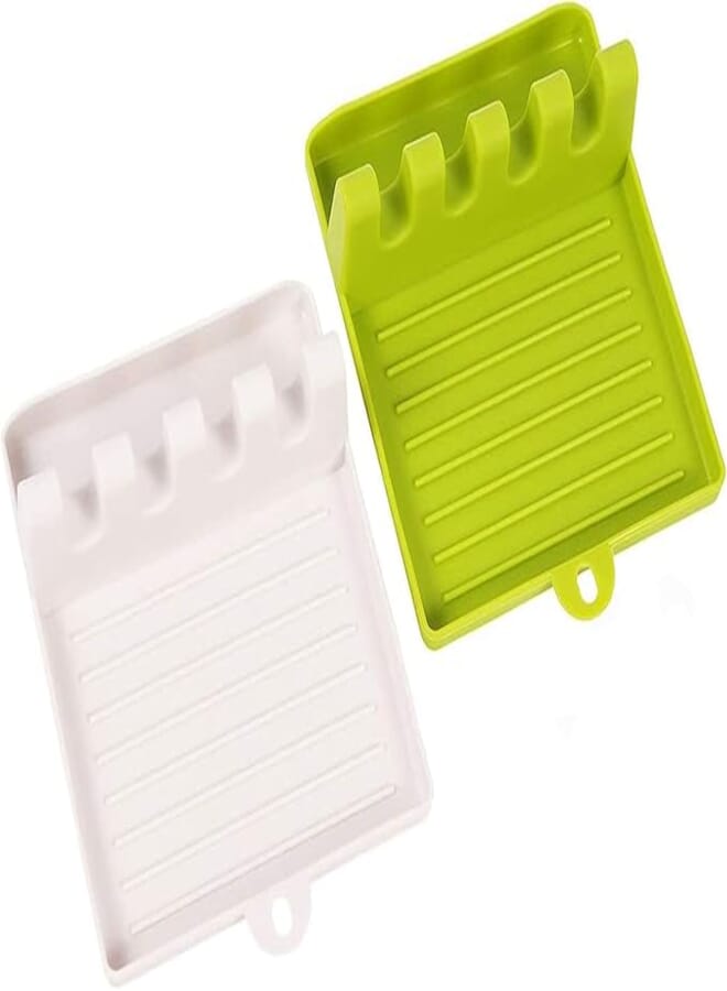 DELFINO Spoon Rest for Kitchen, 2 Pcs Food PP Material BPA-Free Silicone Utensil Rest with Drip Pad for Multiple Utensils & Spoon Holder for Stove Top for Spoons, Ladles, Tongs White & Green