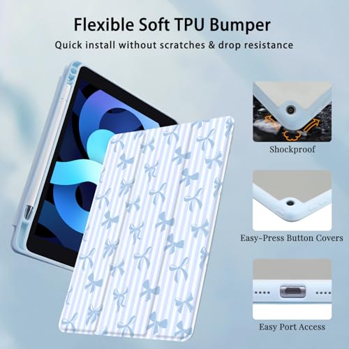 Joyland Striped Bow Pattern for iPad 10th Generation Case 10.9 inch 2022/(A16) 11th Gen 11 Inch 2025,Built-in Pencil Holder with Shockproof Cover Clear Transparent Back Shell Auto Wake/Sleep,Blue - Image 4