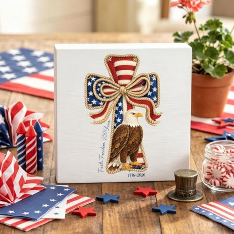 علم الولايات المتحدة الصليب النسر كتلة خشبية ديكور للعائلة المسيحية، ديكور مكتب مسيحي وطني الذكرى 250 للمكتب المنزلي، هدايا حرية الإيمان في يوم الاستقلال لتزيين الطاولة المركزية - Image 5