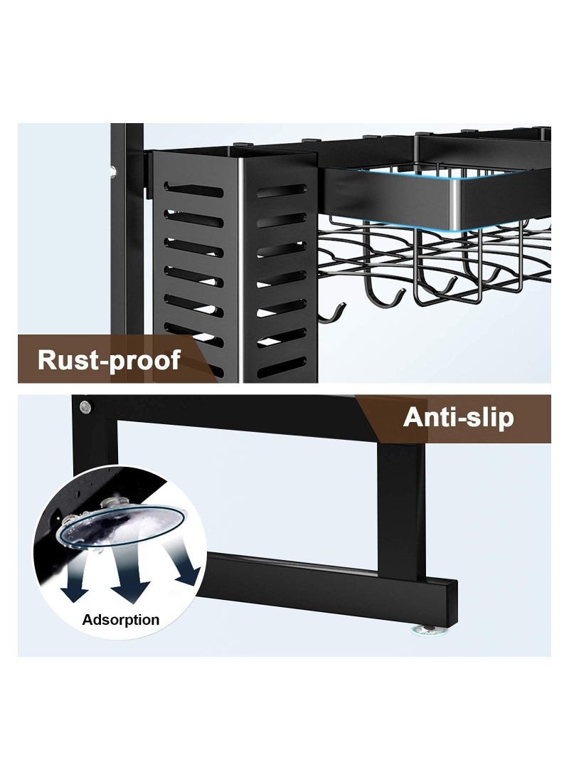 Organized Home - 2 Tier Stainless Steel Length Expandable Kitchen Dish Rack Dish Drying Rack Over Sink Adjustable (85cm-105cm) Large Dish Rack Drainer for Kitchen Organizer Storage Space Saver (Black) - Image 1
