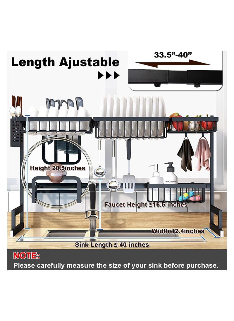 Organized Home - 2 Tier Stainless Steel Length Expandable Kitchen Dish Rack Dish Drying Rack Over Sink Adjustable (85cm-105cm) Large Dish Rack Drainer for Kitchen Organizer Storage Space Saver (Black) - Image 1
