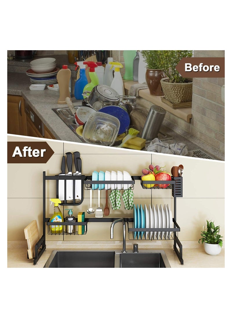 Organized Home - 2 Tier Stainless Steel Length Expandable Kitchen Dish Rack Dish Drying Rack Over Sink Adjustable (85cm-105cm) Large Dish Rack Drainer for Kitchen Organizer Storage Space Saver (Black) - Image 1
