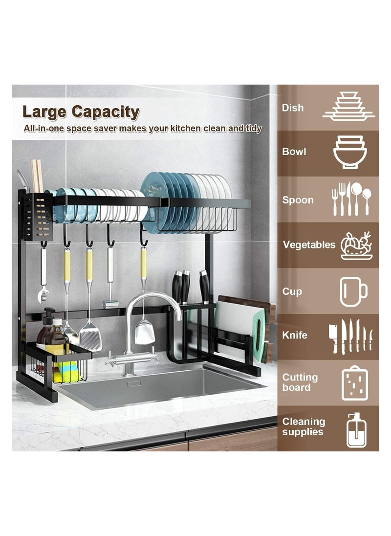 Organized Home - 2 Tier Stainless Steel Length Expandable Kitchen Dish Rack Dish Drying Rack Over Sink Adjustable (85cm-105cm) Large Dish Rack Drainer for Kitchen Organizer Storage Space Saver (Black) - Image 1