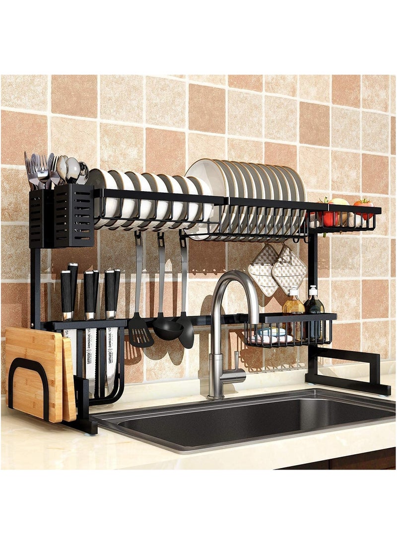 Organized Home - 2 Tier Stainless Steel Length Expandable Kitchen Dish Rack Dish Drying Rack Over Sink Adjustable (85cm-105cm) Large Dish Rack Drainer for Kitchen Organizer Storage Space Saver (Black) - Image 1