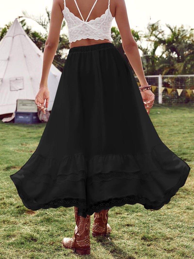 Verdusa Women's Western Boho Lace Ruffle Skirt Asymmetrical Country Cowgirl Skirts Black Medium - Image 2