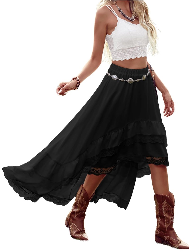Verdusa Women's Western Boho Lace Ruffle Skirt Asymmetrical Country Cowgirl Skirts Black Medium - Image 1