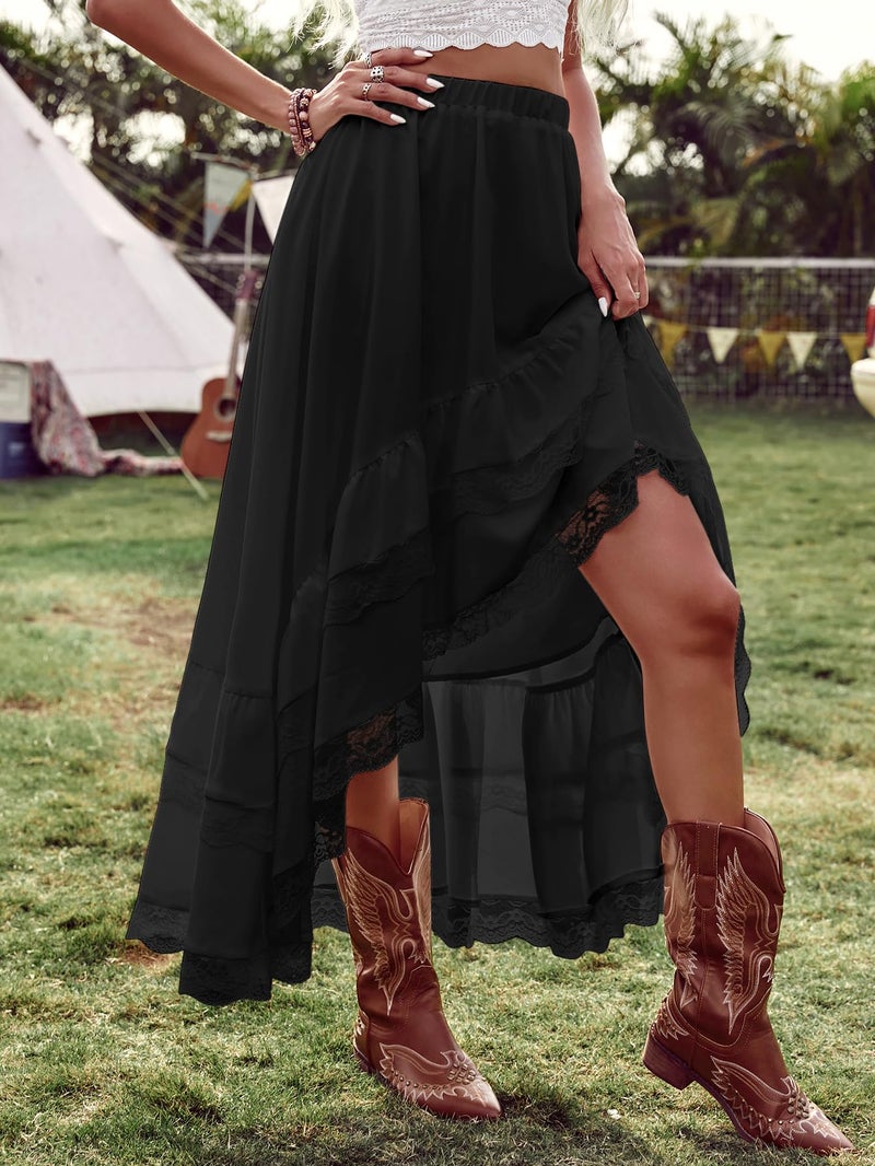 Verdusa Women's Western Boho Lace Ruffle Skirt Asymmetrical Country Cowgirl Skirts Black Medium - Image 4