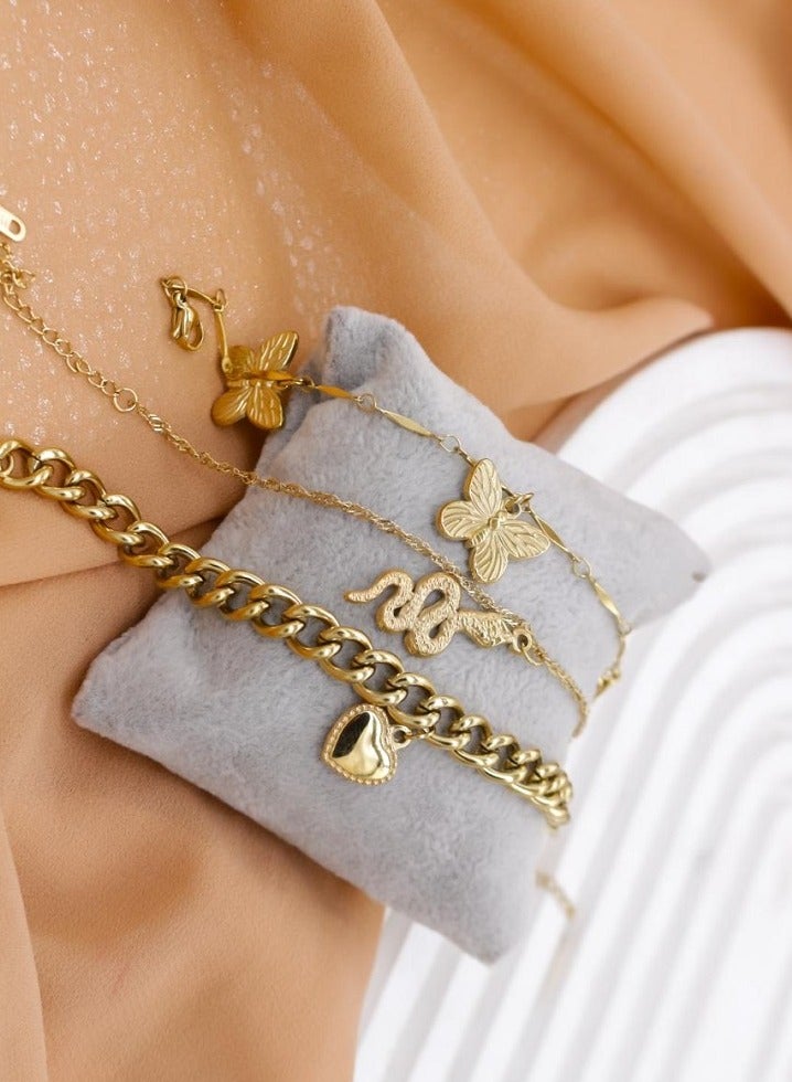 Gold-Plated Butterfly Snake Chain Bracelet Set, 3-Piece Heart Charm Jewellery Set