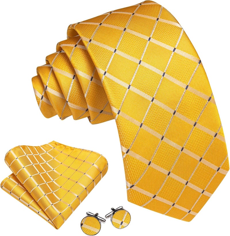 Barry.Wang Store Mens Tie Set Plaid Check Neckties Formal Business Wedding Luxury Pocket Square Cufflinks - Image 3