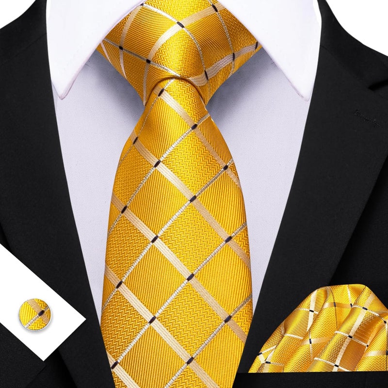 Barry.Wang Store Mens Tie Set Plaid Check Neckties Formal Business Wedding Luxury Pocket Square Cufflinks - Image 2
