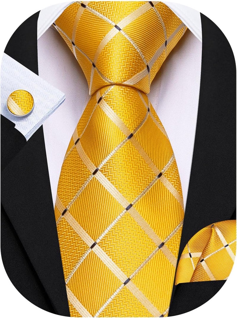 Barry.Wang Store Mens Tie Set Plaid Check Neckties Formal Business Wedding Luxury Pocket Square Cufflinks - Image 1