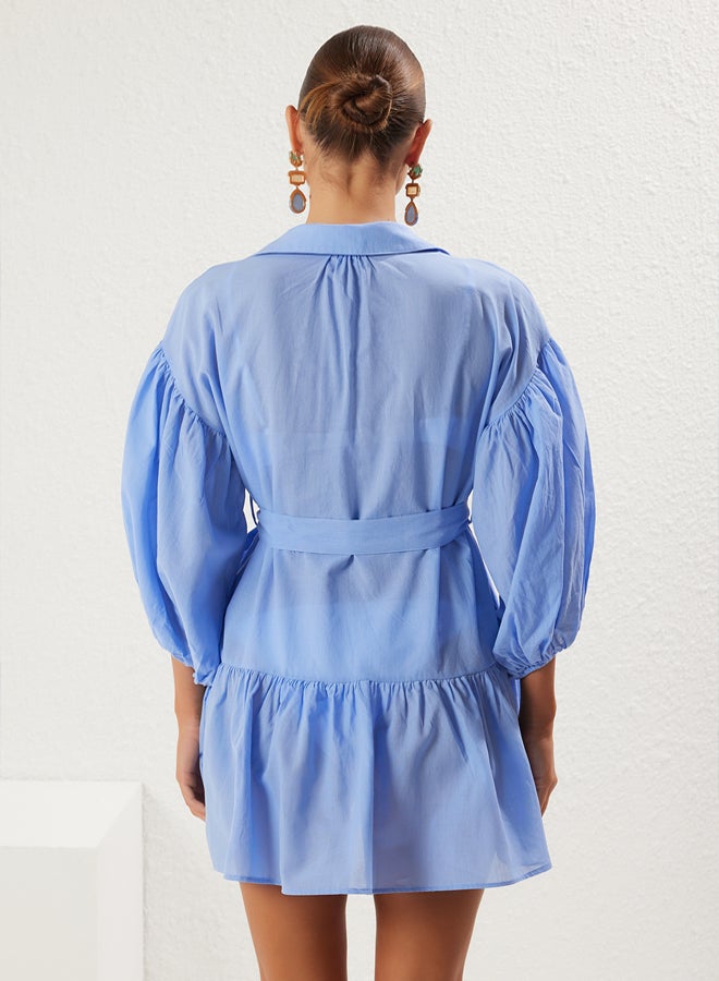 trendyol Blue Mini Woven 100% Cotton Balloon Sleeve Beach Dress - Image 5