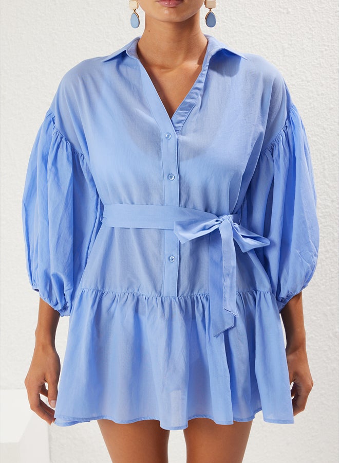 trendyol Blue Mini Woven 100% Cotton Balloon Sleeve Beach Dress - Image 3