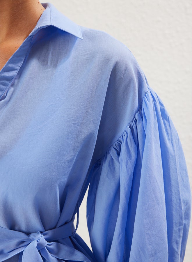 trendyol Blue Mini Woven 100% Cotton Balloon Sleeve Beach Dress - Image 4
