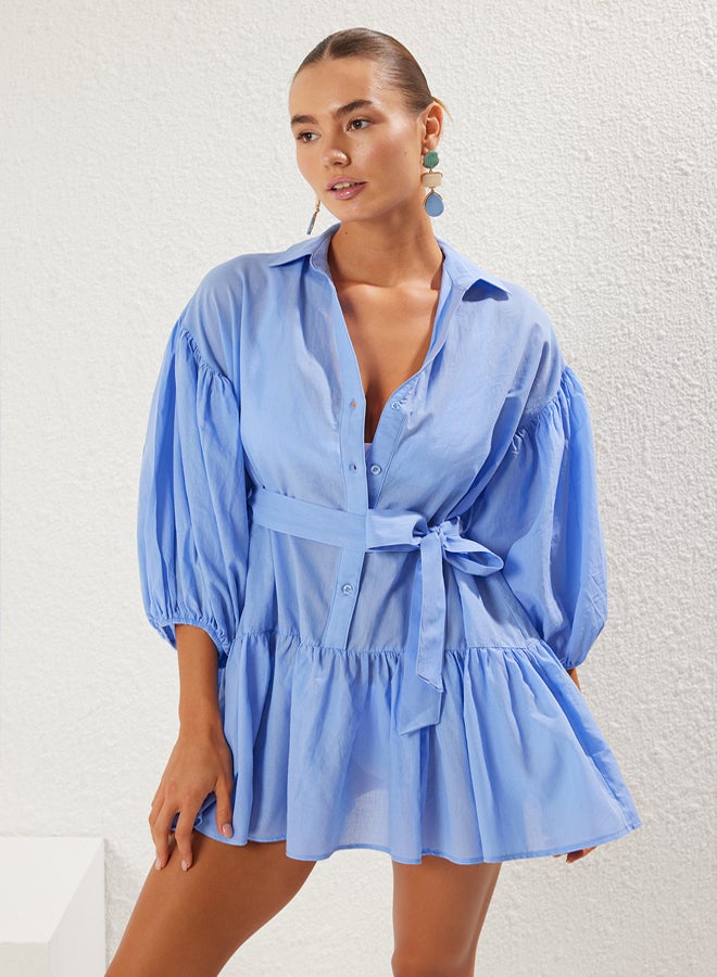 trendyol Blue Mini Woven 100% Cotton Balloon Sleeve Beach Dress - Image 1