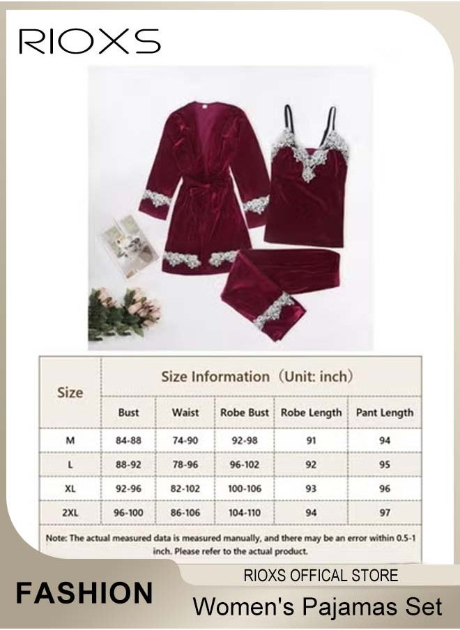 RIOXS Women's Pajamas Set 3 Pieces Velvet Lace Cami Top Button Down Loungewear Pjs Set Cami And Pants Pajama Set With Robe Matching Pajama Set For Ladies  - Image 4