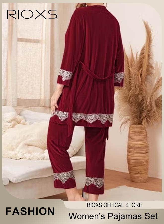 RIOXS 3 Pieces Women's Velvet Pajamas Set, Comfortable Loungewear Pajamas Set with Lace Decoration, Soft Cami Long Pants and Robe Pajama Set for Ladies, Velvet Sleepwear Cami Nightwear with Robe and Pant for Home Travel Hotel Pajama Party, Red - Image 4