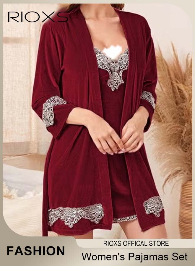 RIOXS 3 Pieces Women's Velvet Pajamas Set, Comfortable Loungewear Pajamas Set with Lace Decoration, Soft Cami Long Pants and Robe Pajama Set for Ladies, Velvet Sleepwear Cami Nightwear with Robe and Pant for Home Travel Hotel Pajama Party, Red - Image 5