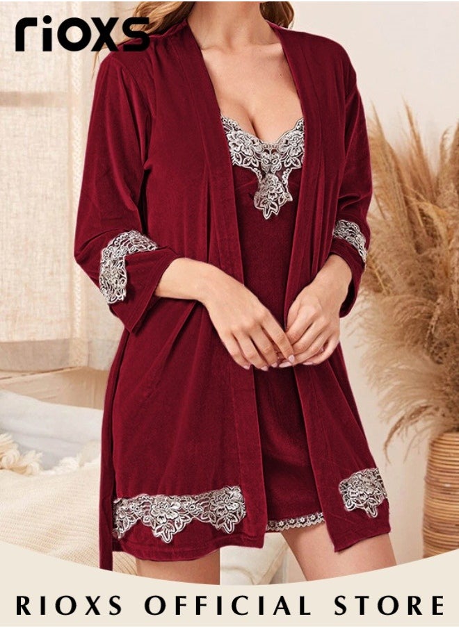 Women's Pajamas Set 3 Pieces Velvet Lace Cami Top Button Down Loungewear Pjs Set Cami And Pants Pajama Set With Robe Matching Pajama Set For Ladies - pzsku/ZF1AA9A9B8EB0FC75A490Z/45/_/1720605876/91a71a1f-df1e-4923-b269-82437895ac9b