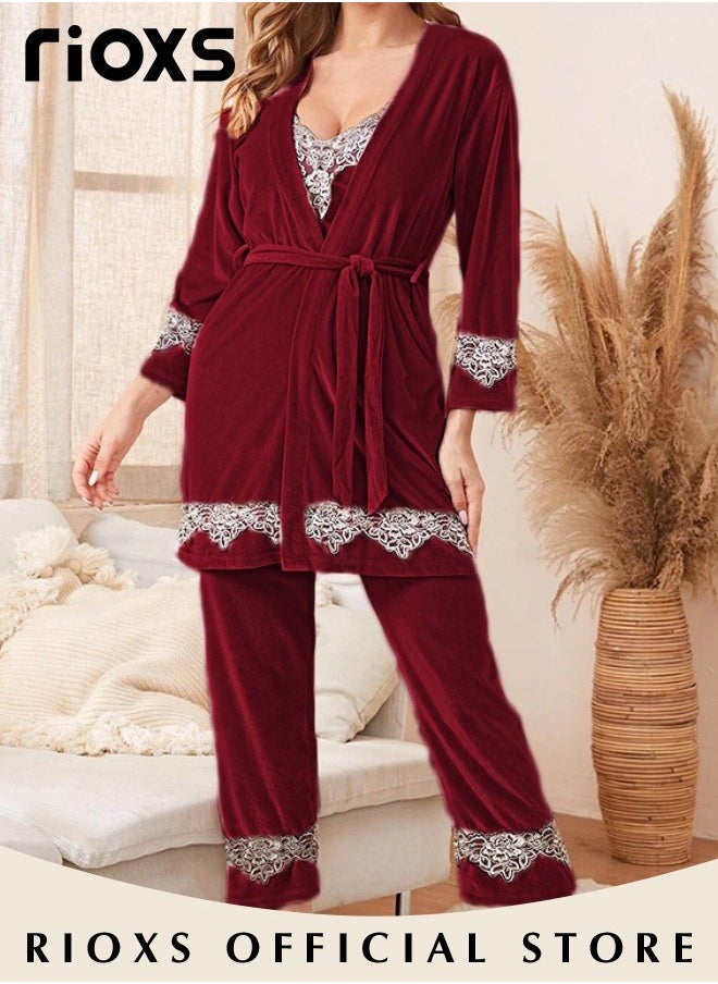 Women's Pajamas Set 3 Pieces Velvet Lace Cami Top Button Down Loungewear Pjs Set Cami And Pants Pajama Set With Robe Matching Pajama Set For Ladies - pzsku/ZF1AA9A9B8EB0FC75A490Z/45/_/1720605879/29d86c0e-2f39-481d-912b-8ba13cbca245