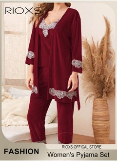 RIOXS Women's Pajamas Set 3 Pieces Velvet Lace Cami Top Button Down Loungewear Pjs Set Cami And Pants Pajama Set With Robe Matching Pajama Set For Ladies  - Image 1