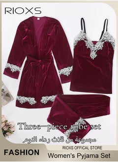 RIOXS Women's Pajamas Set 3 Pieces Velvet Lace Cami Top Button Down Loungewear Pjs Set Cami And Pants Pajama Set With Robe Matching Pajama Set For Ladies  - Image 2
