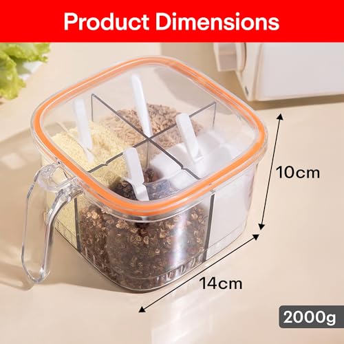 PRIME PICK Spice Mate Masala Box 4 Compartment Airtight Seasoning Organizer Transparent Kitchen Storage Container with Lid Spoon and Handle Salt Sugar Pickle Spice Holder - Image 3