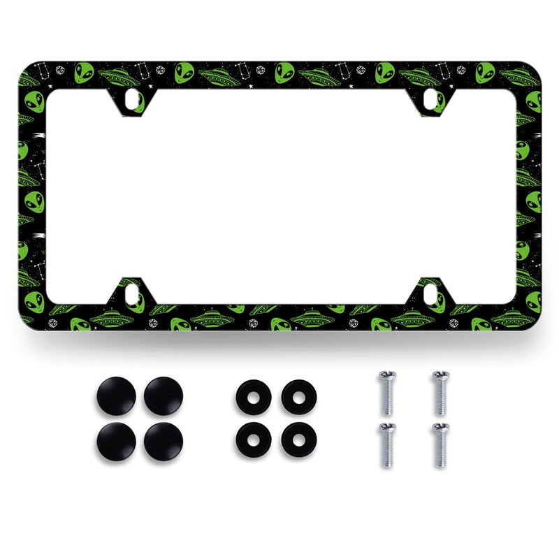 MUAWUOIK Interesting Alien License Plate Frame Colorful Galaxy Milky Way License Plate Funny Stainless Steel Accessory License Plate Personalise Decoration with Screws 123 x 63 for Women Men - Image 3