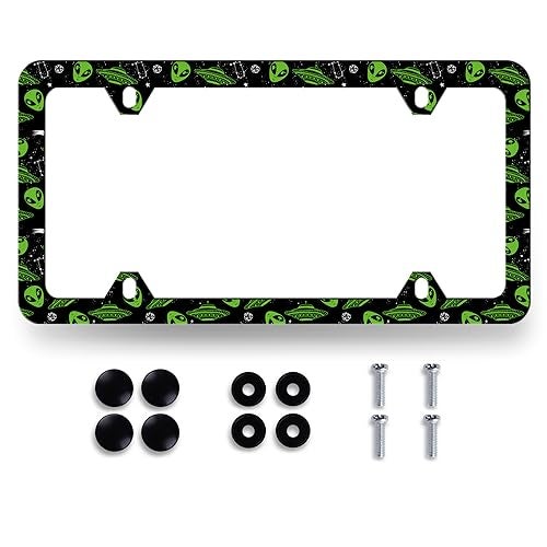 MUAWUOIK Interesting Alien License Plate Frame Colorful Galaxy Milky Way License Plate Funny Stainless Steel Accessory License Plate Personalise Decoration with Screws 123 x 63 for Women Men - Image 1