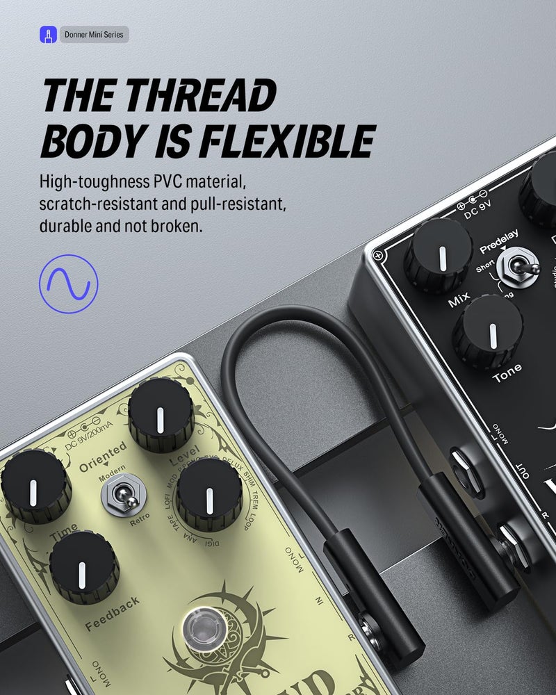 Donner كابلات باتش مسطحة دونر لجهاز تأثير الجيتار 6 بوصات توفير المساحة صوت واضح 1/4" زاوية يمين 3 عبوات - Image 4
