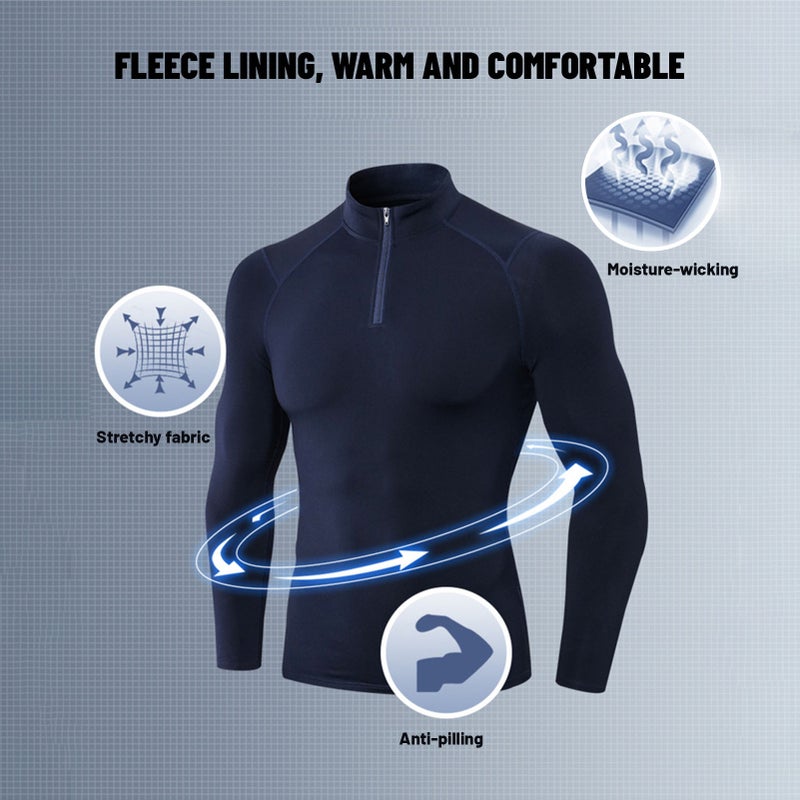 قميض رياضي رجالي من الفليس دافئ ومرن وقصير الجسم بيلعب على الشكل (Bodycon) بكمامة قائمة وأكمام طويلة ومزود بسحابة — ملابس رياضية للركض واللياقة البدنية - Image 3