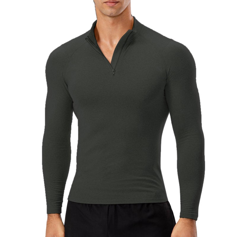 قميض رياضي رجالي من الفليس دافئ ومرن وقصير الجسم بيلعب على الشكل (Bodycon) بكمامة قائمة وأكمام طويلة ومزود بسحابة — ملابس رياضية للركض واللياقة البدنية - Image 1