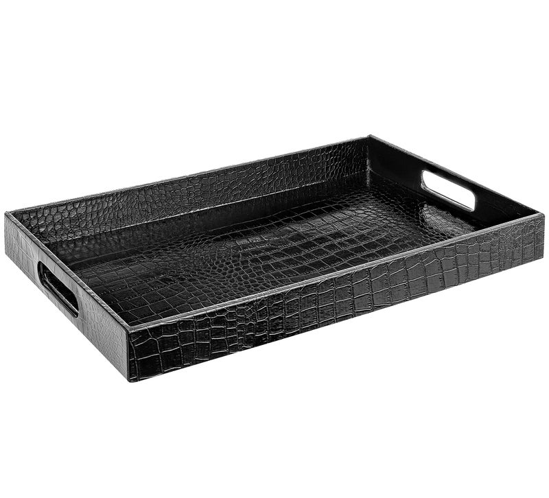 Black Leather Serving Tray with Handles Glossy Faux Crocodile Print 18x12 Food Drinks Tray for Coffee Table Breakfast Dinner  Bar Decorative Storage Tray for Ottoman Kitchen Bedroom Tv Gift