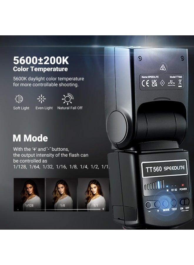 نيوير فلاش NEEWER TT560 لكاميرات DSLR (Canon/Sony/Nikon/Panasonic/Fuji) بقاعدة حذاء ساخن عالمية أحادية التلامس، متوافق مع Sony ZV1 (ليس ZV-1F)، بدون خاصية TTL. - Image 2