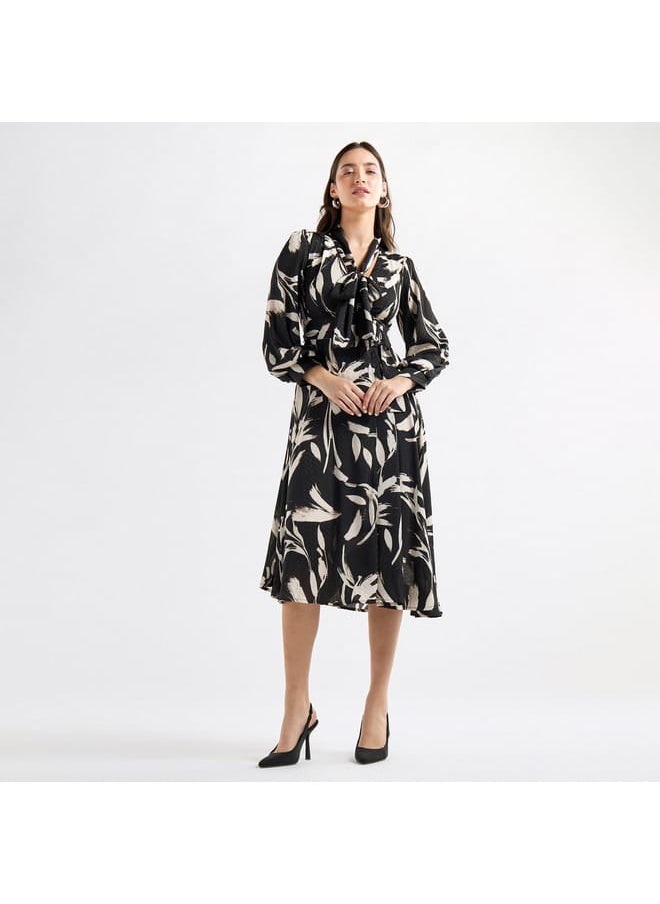 FAV Abstract Print Belted A-line Dress with Pussy Bow Neck and Long Sleeves  - Image 1