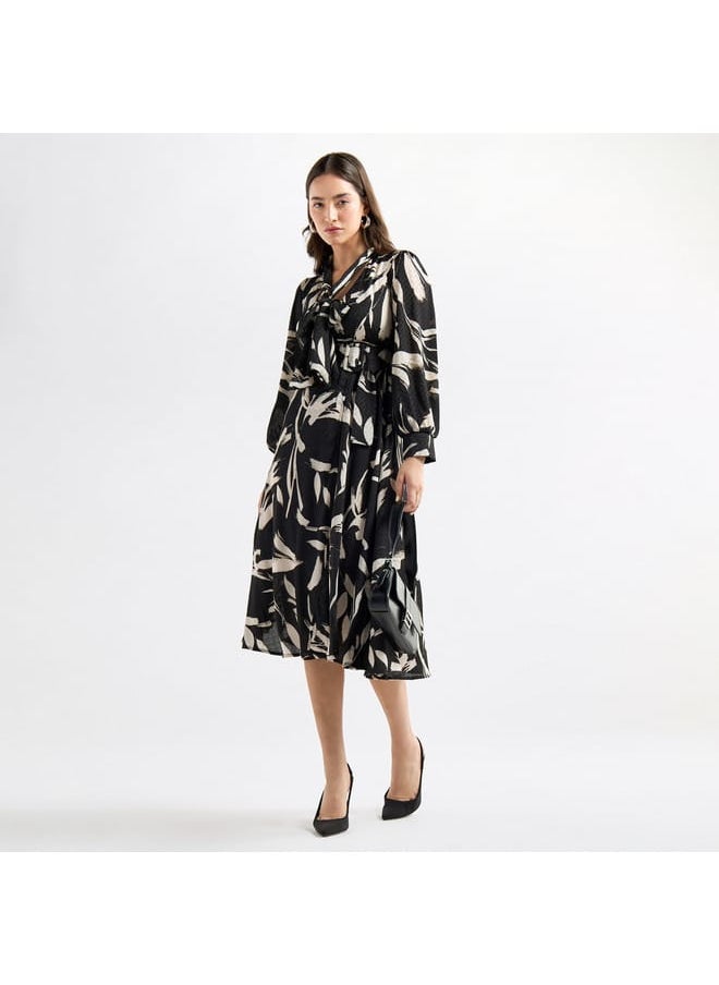 FAV Abstract Print Belted A-line Dress with Pussy Bow Neck and Long Sleeves  - Image 2