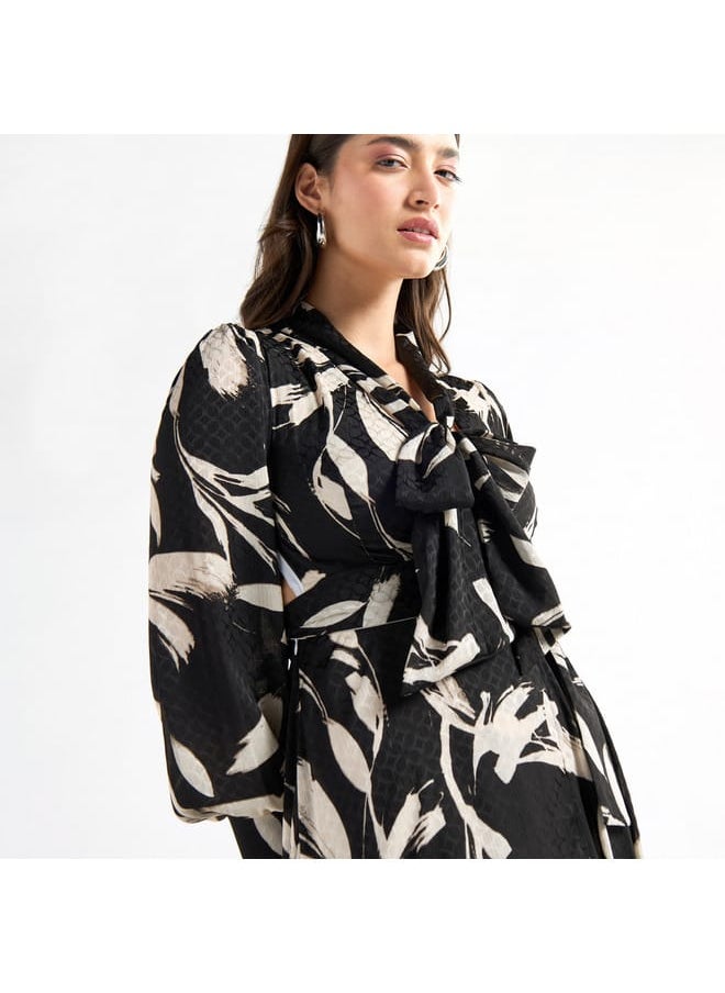 FAV Abstract Print Belted A-line Dress with Pussy Bow Neck and Long Sleeves  - Image 4