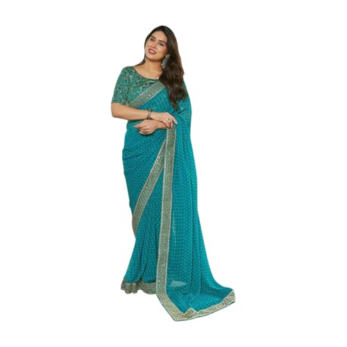 Shiv Textiles Women's Georgette Bandhani Printed & Lace Border Saree(VND-601-GEEN) - Image 1