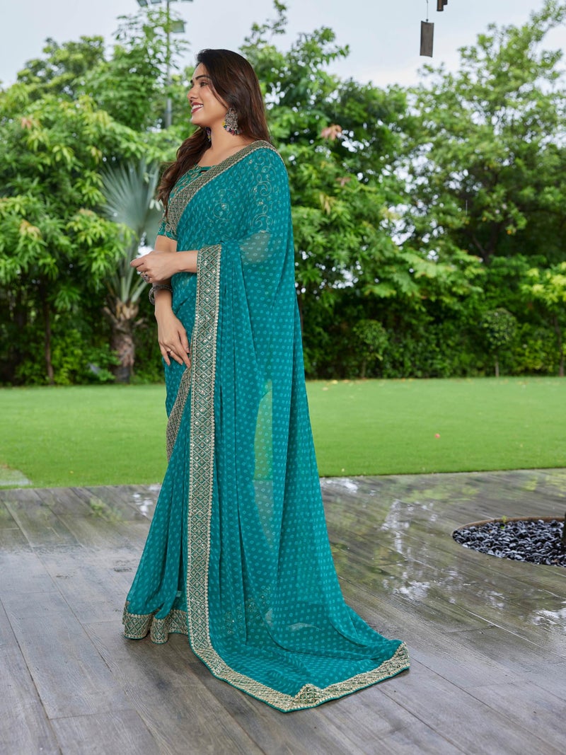 Shiv Textiles Women's Georgette Bandhani Printed & Lace Border Saree(VND-601-GEEN) - Image 2