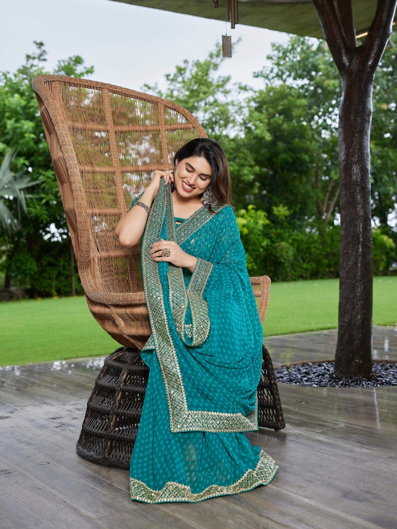 Shiv Textiles Women's Georgette Bandhani Printed & Lace Border Saree(VND-601-GEEN) - Image 5