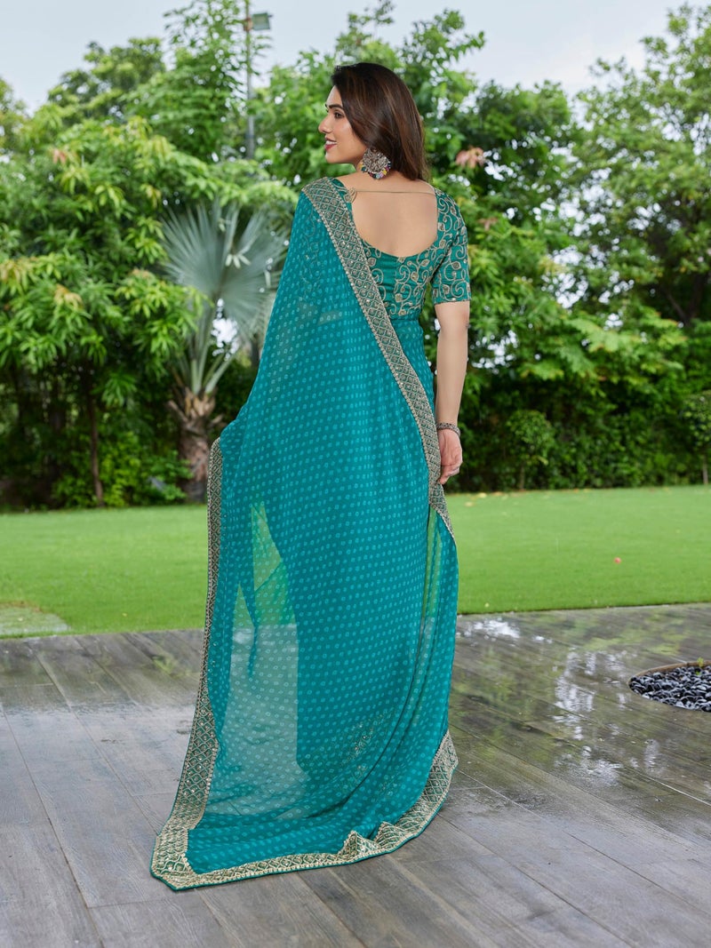 Shiv Textiles Women's Georgette Bandhani Printed & Lace Border Saree(VND-601-GEEN) - Image 3