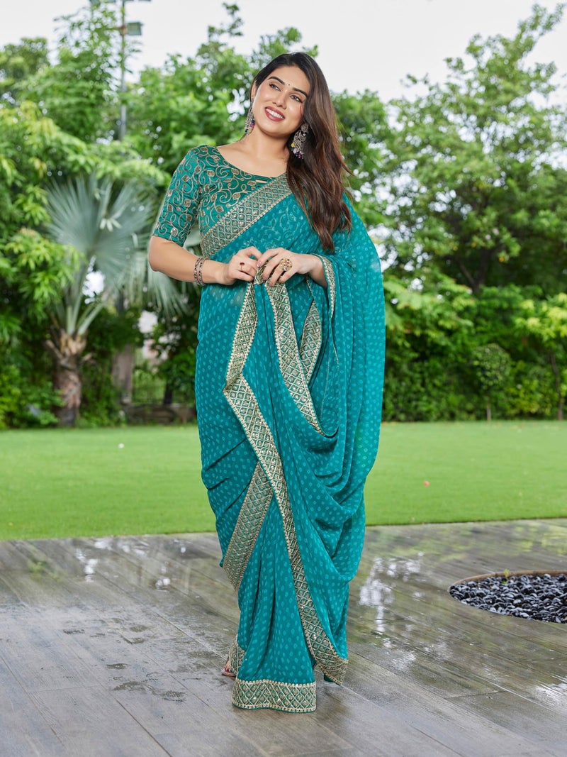 Shiv Textiles Women's Georgette Bandhani Printed & Lace Border Saree(VND-601-GEEN) - Image 4