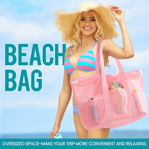 coclothy Mesh Beach Bag Large Beach Tote with Zipper Beach Bags for Women Waterproof Sandproof with 5 Pockets - Image 3