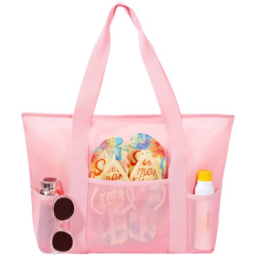 coclothy Mesh Beach Bag Large Beach Tote with Zipper Beach Bags for Women Waterproof Sandproof with 5 Pockets - Image 1